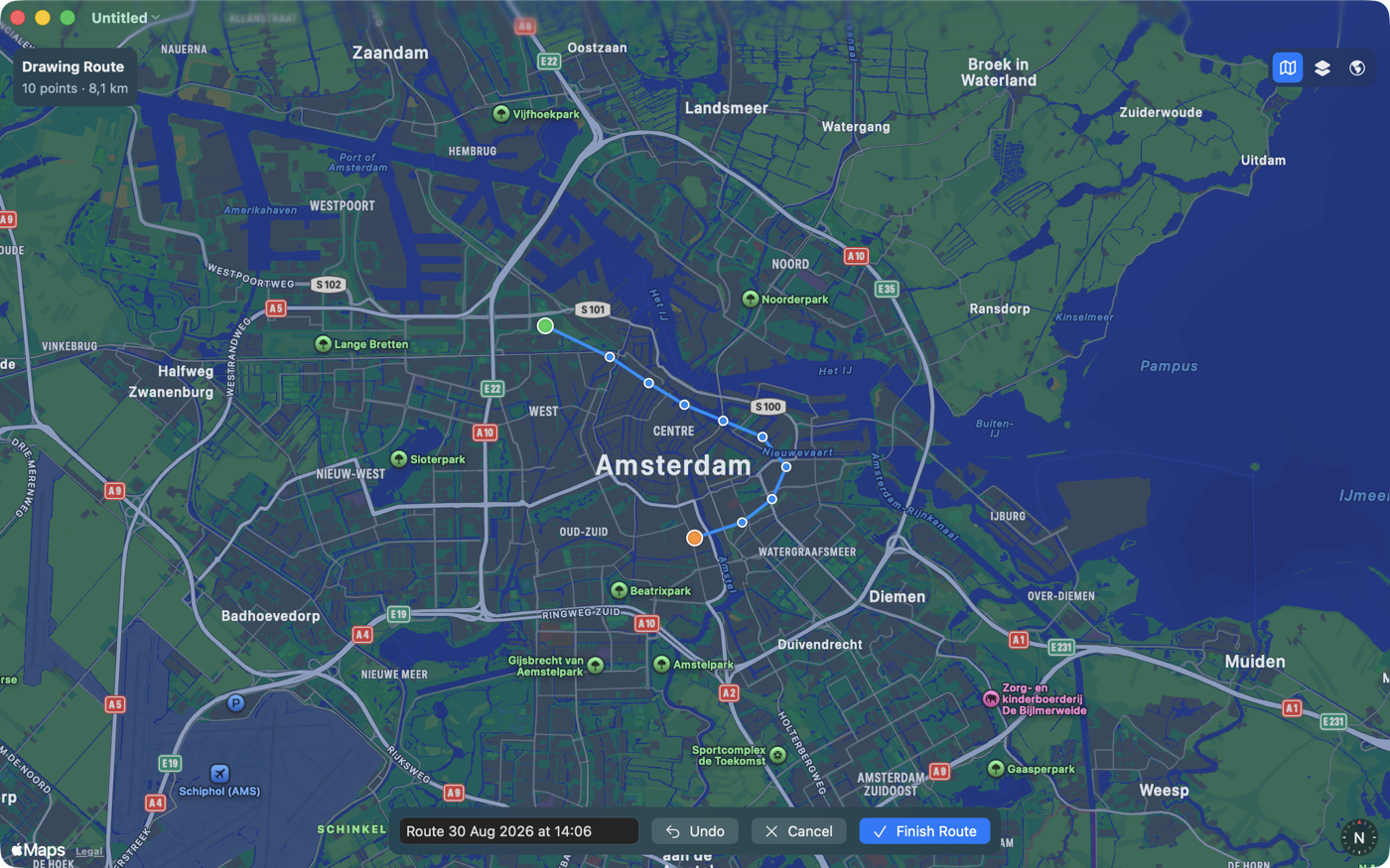 Drawing a new route by clicking points on the map, with a running point count and distance