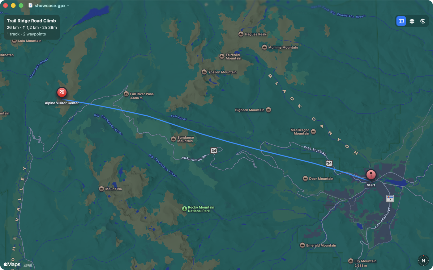 GPX Routecraft showing a mountain climb route on the map, with distance, elevation gain, and duration in an overlay